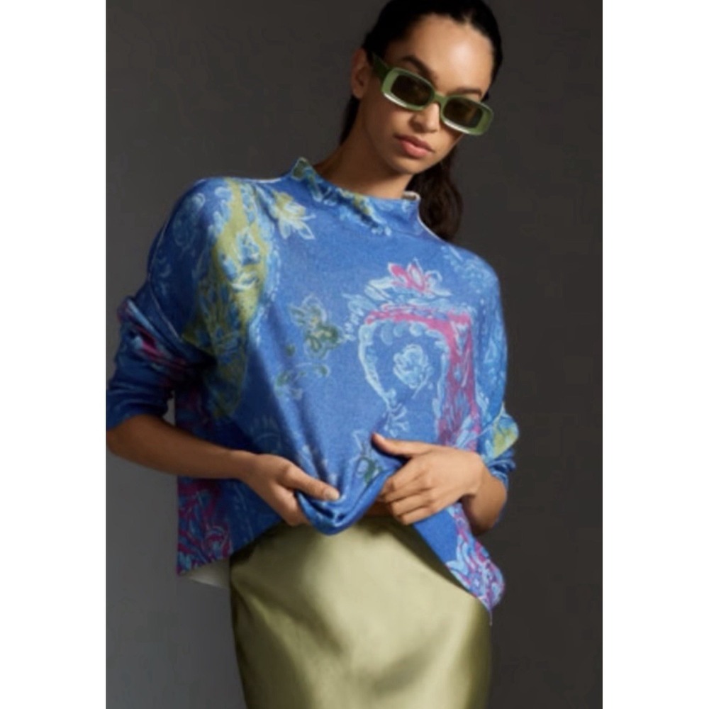 Alani Cashmere Mock Neck Sweater L Petite Anthropologie Pilcro Paisley Floral